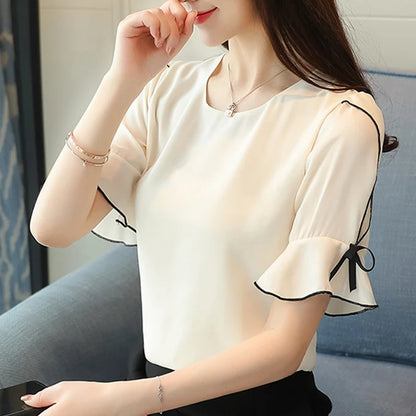 Fashion 2023 Chiffon Women Blouse Shirt Bow Short Sleeve Sweet Women's Clothing Pink O-neck Summer Feminine Tops Blusas D621 30