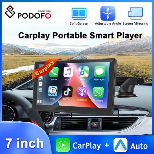 Podofo HD Touch Screen Car Monitor 7inch DVR Dashboard Carplay Android Auto EQ Bluetooth Driving Recorder TF Card FM AUX Audio