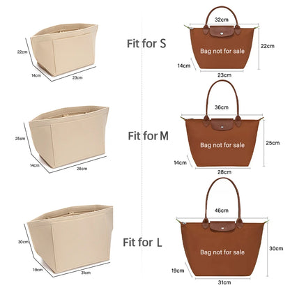 Felt Bag Organizer For Longchamp S/M/L Tote Bag Purse Organizer Insert Handbag Storage Cosmetic Liner Bag Support Shaper