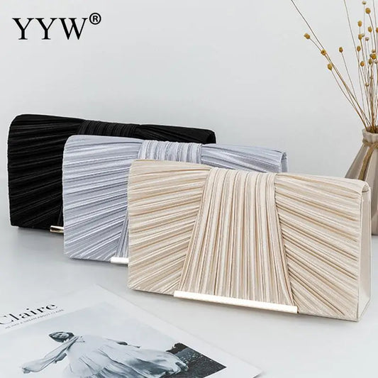 Elegant Pleated Satin Women Party Handbag Solid Color Envelope Flap Clutch Purse Ladies Metal Chain Wedding Prom Messenger Bag