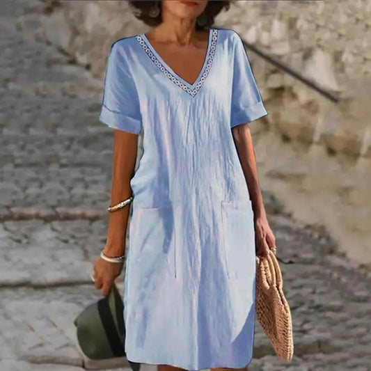 Summer Women Dress V Neck Short Sleeves High Waist Side Pockets Solid Color Knee Length Loose Casual Daily Wear Midi Dress