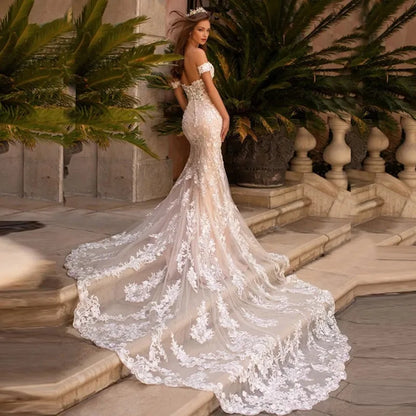 LoveDress Sexy Mermaid Lace Wedding Dresses Sweetheart Off The Shoulder Bride Gowns With Train Backless Button Robe De Mariée