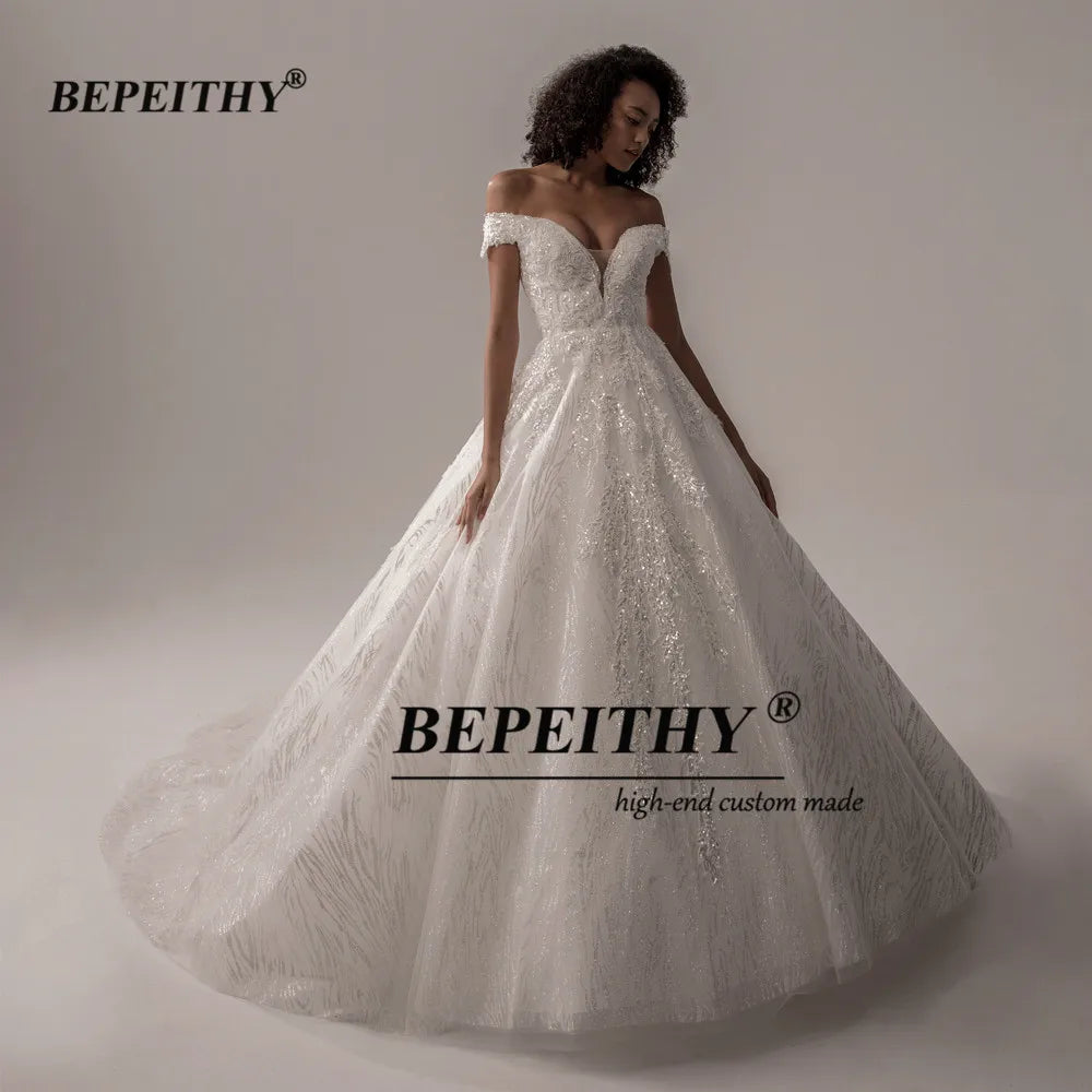 BEPEITHY Off The Shoulder Glitter Wedding Dresses For Women 2022 Ivory Dubai Bridal Dress Luxury Ball Gown For Bride New