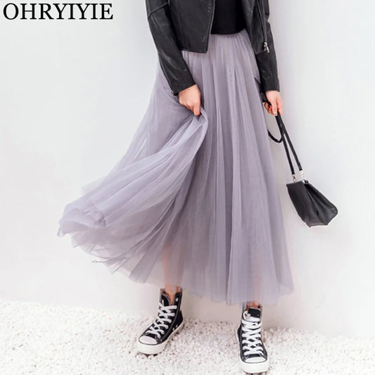 OHRYIYIE Maxi Long Tulle Skirt Women 2023 Autumn Winter Elastic High Waist Ball Gown Skirt Female Adult Tutu Skirt Jupe Longue