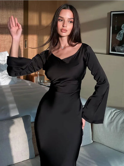 Tossy Black Satin Bandage Maxi Dress Women Slin High Waist Fashion Patchwork Elegant Long Sleeve Dress Ladies Gown Long Dress