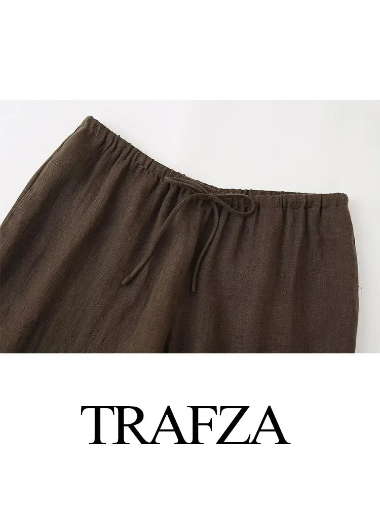 TRAFZA 2024 Spring Trousers For Women Fashion Linen Brown Loose Long Pants Female Vintage Versatile Women's Wide Leg Pant