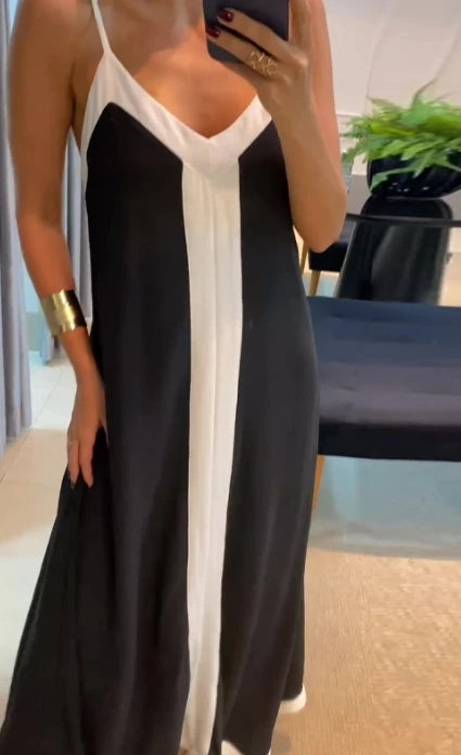 Women's Dress 2024 Summer Fashion Black and White Contrast Color V-Neck Sling Dress Casual Sleeveless Loose Long Dress