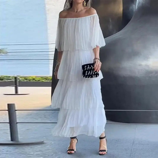 Women Off Shoulder Pleated Long Dress Multi-layer Scattered Cake Hem Ruffle Pleated Chiffon Half Sleeves Prom Party Maxi Dress