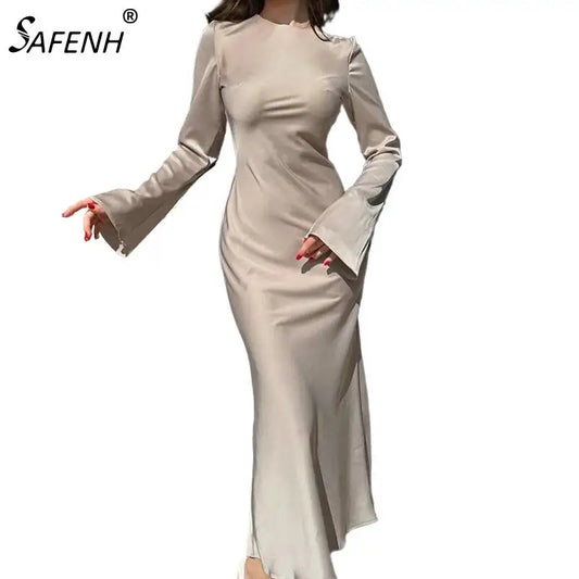 Women's Satin Fashion Slim Maxi Dress Long Sleeve High Waist Elegant Solid Party Dress Casual Luxury Ladies Autumn Dresses