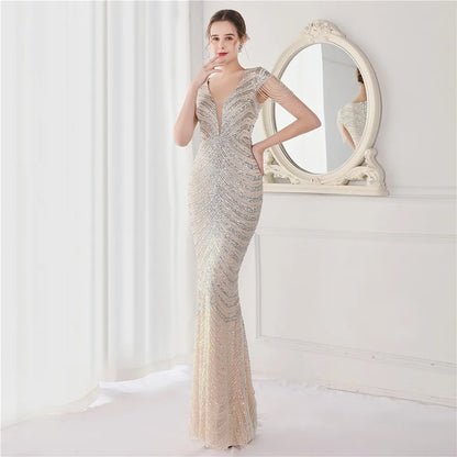 DEERVEADO Elegant V Neck Mermaid Evening Dress Long Luxury Beads Women Evening Party Dresses 2023 New Formal Dress 19085