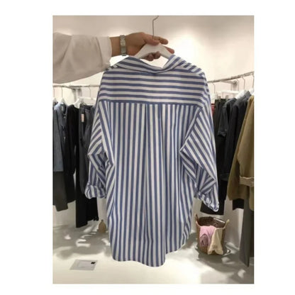 South Korea Dongdaemun Striped Shirt Women's Design Sense Niche 2023 Autumn New Western Style Shirt Student Shirt Fashion