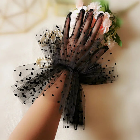 Short Sheer Tulle Gloves Wedding Bride Dress Gloves Fashion White Black Dot Transparent Mitten Wrist Length Bridal Gloves Women