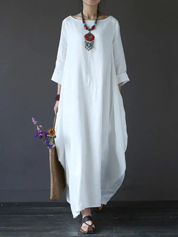 2023 ZANZEA Womens Crewneck 3/4 Sleeve Baggy Maxi Long Shirt Dress Casual Party Kaftan Solid Robe Vestido  Dresses