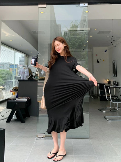 NYFS 2024 Summer New Korea Solid Woman Dress Vestidos Robe Elbise Loose Plus Size Short Sleeve Ruffles Long Dresses