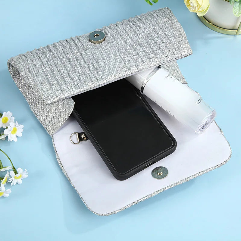 Silver Color Clutches Handbags For Women Classic Simple Solid Trendy Small Square Clutch Chain Shouhlder Bag Prom Party Purses