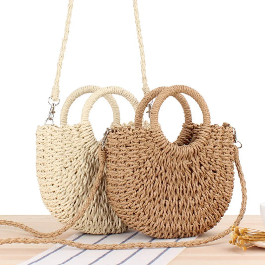 beach bag 2024 Summer Handmade Bags for Women Beach Weaving Ladies Straw Bag Wrapped Beach Bag Moon shaped Top Handle Handbags Totes