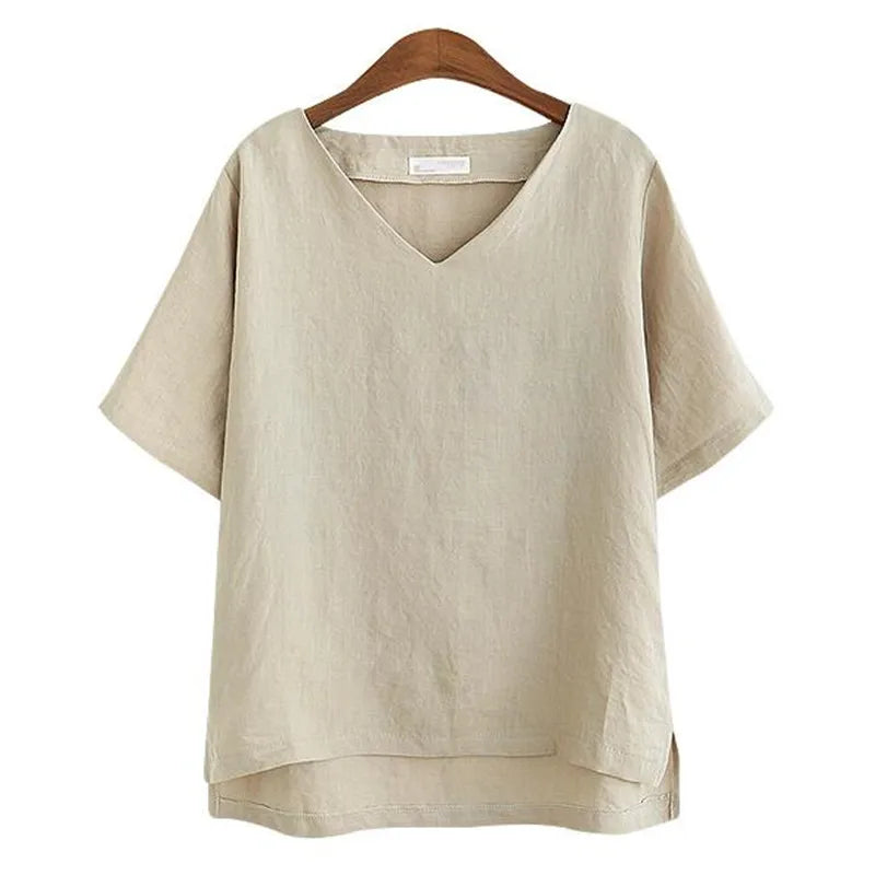 Women Tee Tops Summer V-Neck Loose Leisure Linen T-shirts Women's Short Sleeve T-shirt Womens t shirt