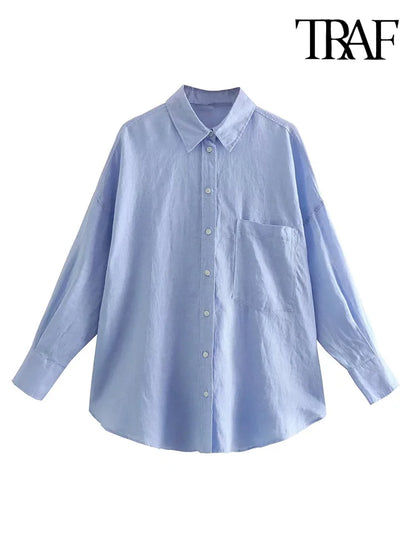 TRAF Women Fashion With Pocket Oversized Shirts Vintage Long Sleeve Button-up Female Blouses Blusas Chic Tops
