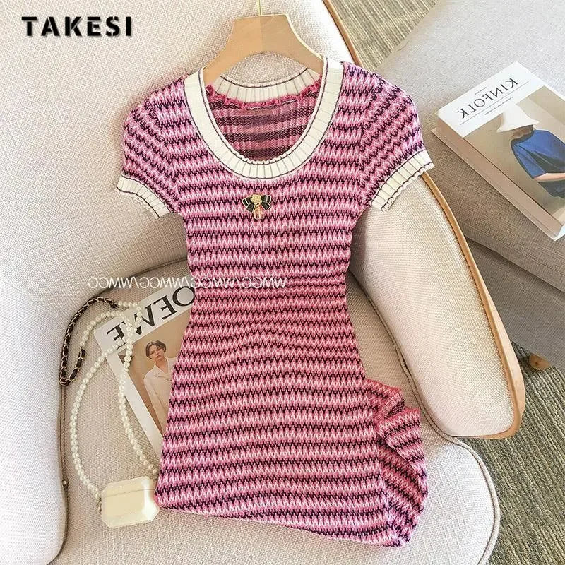 Women Short Sleeve Round Neck Striped Luxury Sheath Mini Dresses 2024 Summer Patchwork High Waist Slim Fit Knitting Dress