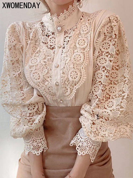 Women Chiffon Button Turtleneck Shirt Chic Elegant Floral Lace Fluffy Long Sleeve Top Fashion Hollow Oversize White Blouse 2024