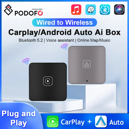 Podofo Wireless Carplay Box Wireless Android Aut Box USB Adaptor Bluetooth WIFI Plug And Play Voice Control Carplay Android Auto