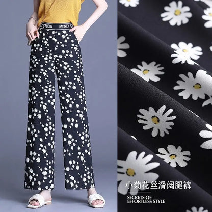 Summer Casual Floral Print Wide Leg Pants for #Women Korean Fashion Elastic High Waist Loose Straight Trousers Female Clothing