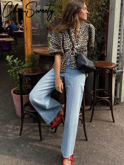 Bow Leopard Print Women Top Fashion Short Lantern Sleeve O-neck Loose Hollow Out Female Tops 2024 Sping Summer Lady Shirt