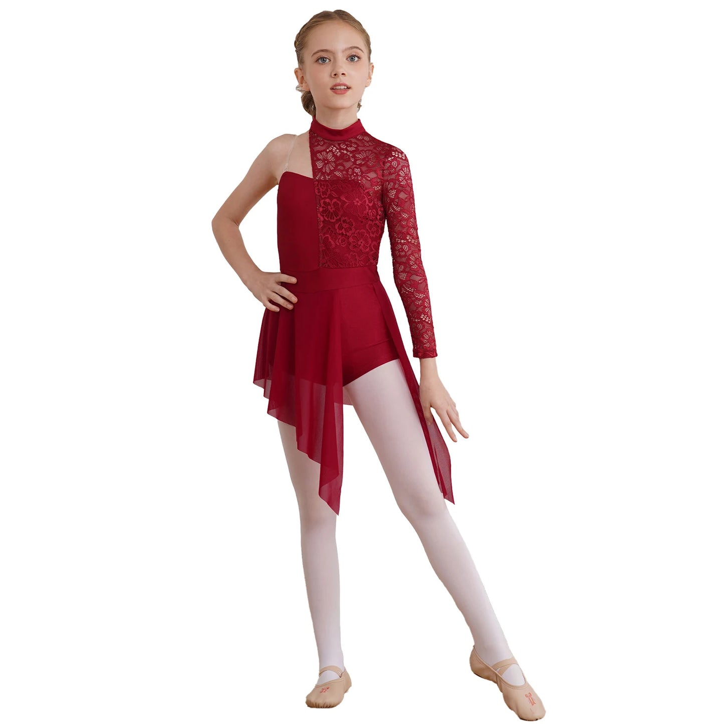 Kids Girl One Shoulder Lyrical Modern Dance Dress Lace Asymmetric Split Ballet Gymnastics Figure Skating Leotard Dress Dancewear