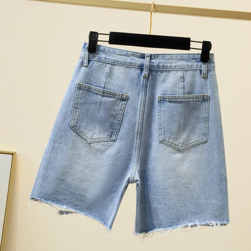 M-4XL Summer Women Denim Shorts Hole Ripped Loose Straigh Half Jeans Female Casual Short Pants Streetwear