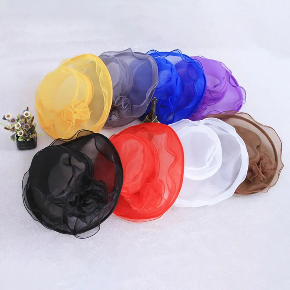 Stylish Lady Party Cap Royal Flat Top BIg Brim Lady Party Cap  Anti-UV Women Sun Hat Headwear