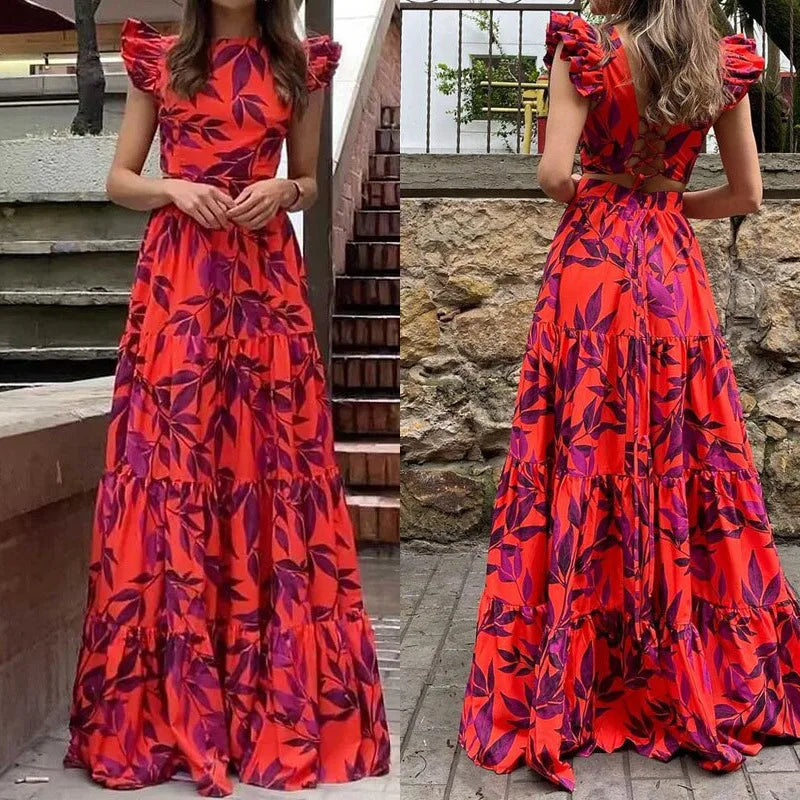 Womens Dresses 2024 Spring New Fashion Printed Temperament Flying Sleeves High Waist Casual Long Dress