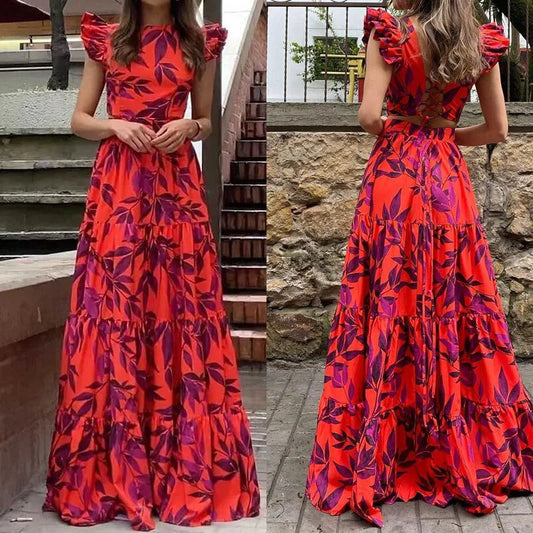 Womens Dresses 2024 Spring New Fashion Printed Temperament Flying Sleeves High Waist Casual Long Dress