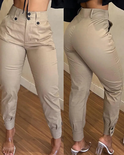 Women Pencil Ankle Length Pants Khaki High Waist Buttoned Pocket Design Cargo Pants Summer Spring Casual Trousers