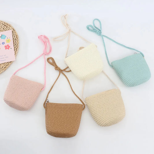 New Summer Children Girls Shoulder Bag Creative Pure Color Straw Messenger Bag Kids Coin Purse Cute Princess Mini Handbag