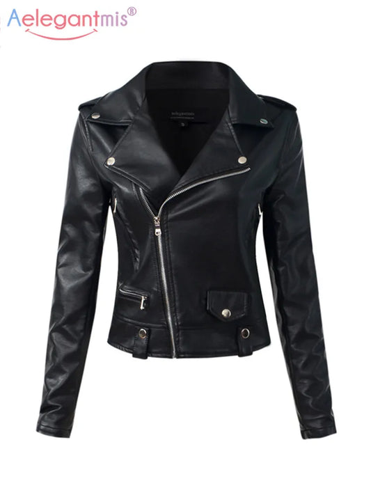 Aelegantmis Casual PU Leather Jacket Women Classic Zipper Short Motorcycle Jackets Lady Autumn Winter Basic Leather Coat Black