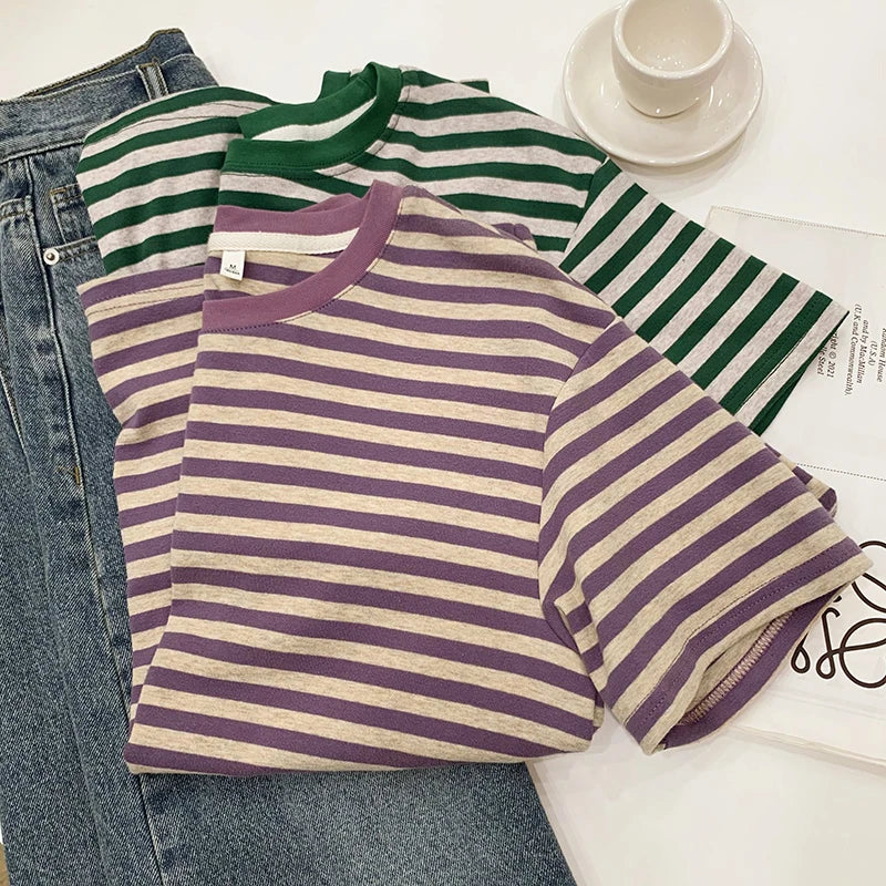 Summer Short Sleeve Striped T-Shirts Versatile Women Knitted Basic Casual Tops Female Cozy Loose Cotton Tees 2023 Harajuku Shirt