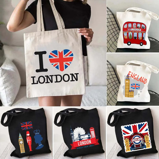 Handbag Tote: London Bridge Big Ben England Flag Map Shoulder Shopping Canvas Tote Bag Landscape Skyline United Kingdom British Women Handbags