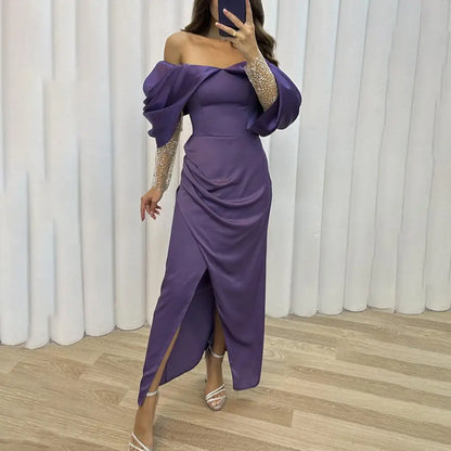 Women Evening Dress Off Shoulder Low-cut Tight Waist Split Hem Mesh Sleeve Color Party Wedding Maxi Dress