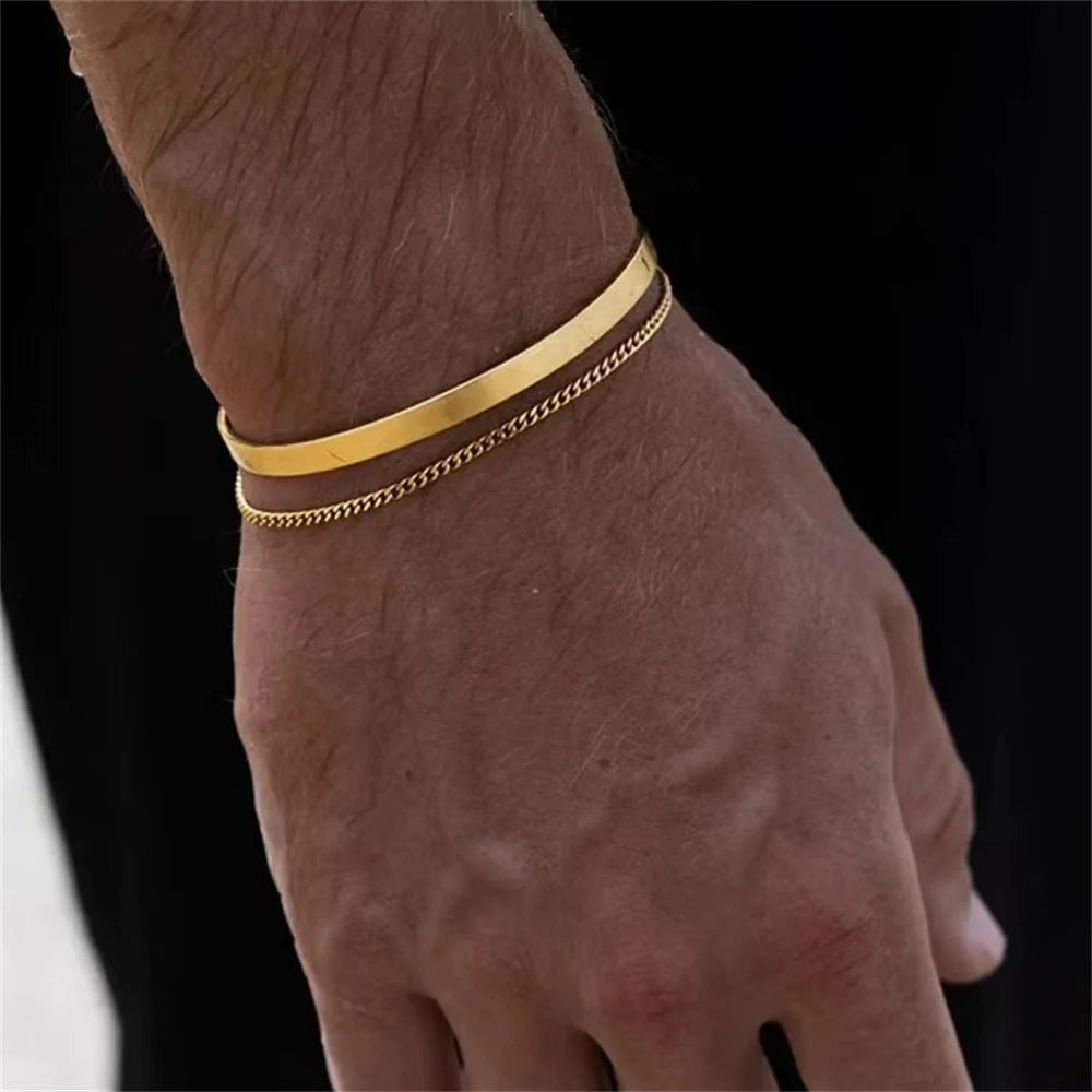 4MM Stainless Steel Gold Color Men Cuff Bracelet Simple Opening Adjustable Bracelet Bracelet For Women Hip Hop Jewelry