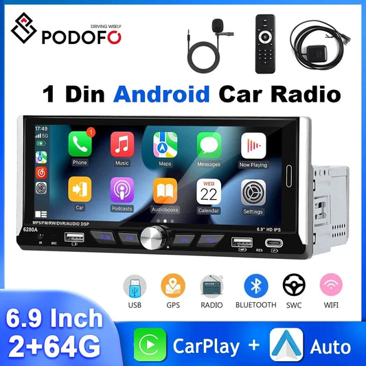 Podofo 1Din Android Car Radio 2+64G Multimedia Player 6.9'' Carplay Android Auto GPS Navigation WIFI Bluetooth 1080P Car Stereo