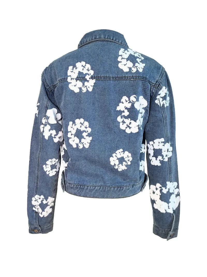 Floral Print Denim Jackets Women Fashion Casual Turn Down Collar Long Sleeve Single Breated Jeans Coat Streetwear Tops Outwear