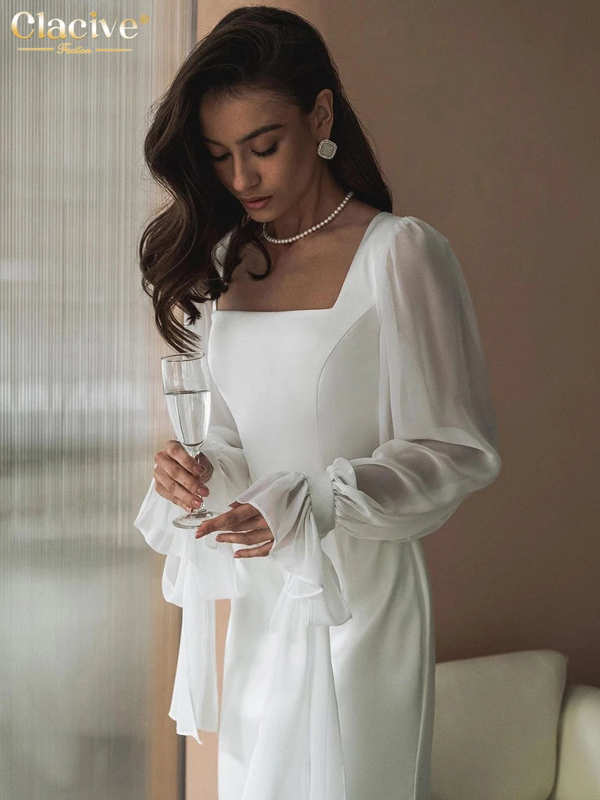 Clacive Bodycon White Office Women'S Dress Fashion Slim Square Collar Long Sleeve Ankle Length Dresses Female Clothing 2024