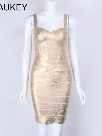 BEAUKEY Gold Silver Bandage Metallized Dress Summer 2023 Spaghetti Strap Foil Women Party Mini Sexy Maxi Luxury Ladies Dress XL