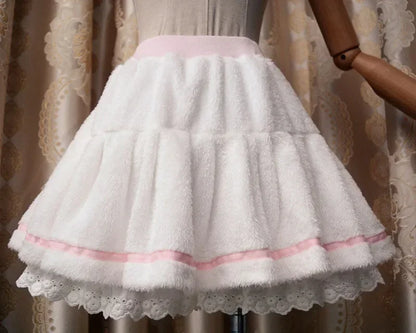 Mini Pleated Pant Lace Skirt Women Sweet Winter Warm Fleece Band Waist White Sweet Cute Lolita Bottoms For Lady Preppy Girls