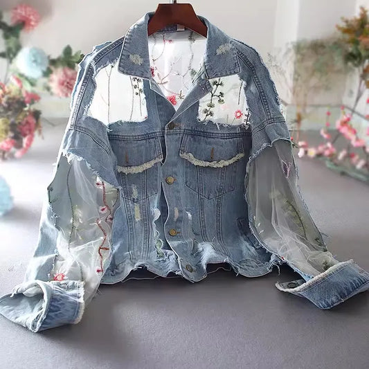 Chaquetas Mujer Summer Spring Streetwear Embroidery Lace Patchwork Sexy Denim Jacket Women Frayed Tassel Loose Jeans Coat Femme