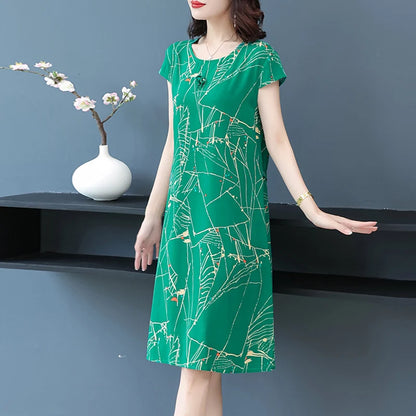 New Hot 2023 Casual Vintage Summer Dress For Women Print Flowers Short Sleeve O-neck Printing Elegant Dresses Women Clothing