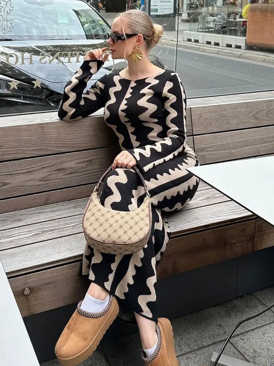 Tossy Striped Contrast Color Knit Maxi Bodycon Dress Boho High Waisted Hollow Out Slim Dresses Women Holiday Dresses Vestidos