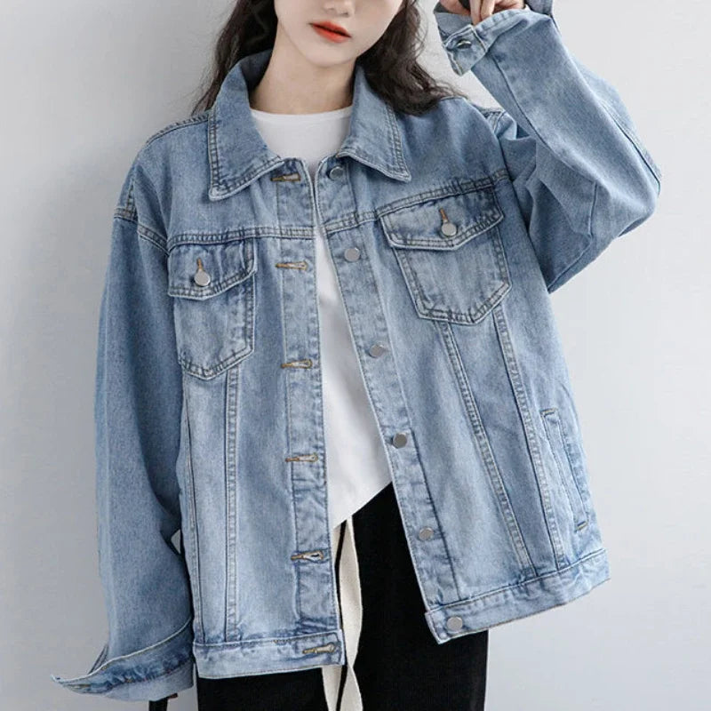 Vintage Women Jacket 2023 Autumn Winter Oversize Denim Jackets Washed Blue Jeans Coat Turn-down Collar Outwear Bomber Jacket