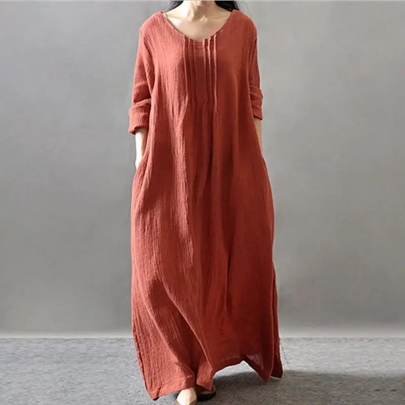 Autumn 2024 Loose Cotton Linen Long Dress Ladies Solid Color Vintage Maxi Dress Spring Female Robe Casual Loose Dresses Vestidos