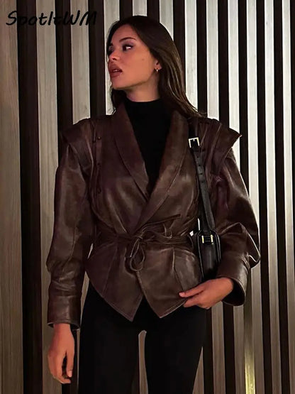 Autumn Winter Faux Leather Jacket Women Fashion Vintage V Neck Female Pu Coat 2023 Elegant  High Street Casual Ladies Outwear